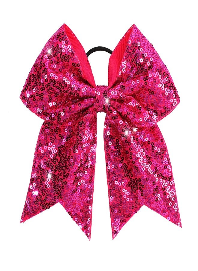 CN 7" Glitter Cheer Hair Bows for Cheerleader Hot Pink Large Ponytail Holder Elastic Band Handmade for Cheerleading Teen Women Girls College Sports 1pcs - Image 1